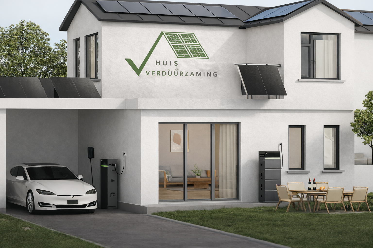 Moderne duurzame woning met zonnepanelen en slimme energieopslag